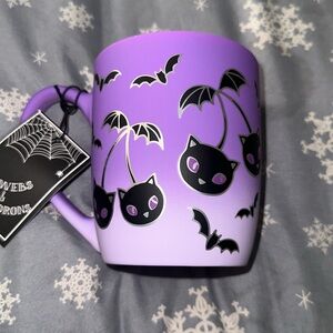 NEW Cobwebs & Cauldrons Matte Purple Black Cat Cherries Mug